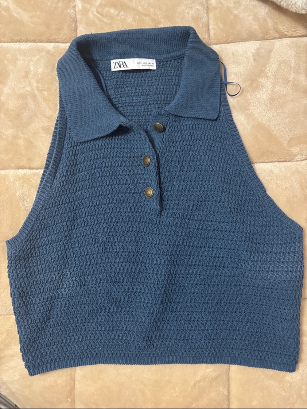 Zara Blue Knit Sleeveless Polo Tank